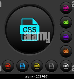 CSS file format dark push buttons with vivid color icons on dark grey background Stock Vector