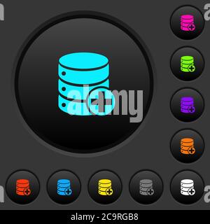 Add to database dark push buttons with vivid color icons on dark grey background Stock Vector