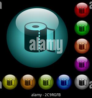 Paper towel icons in color illuminated spherical glass buttons on black background. Can be used to black or dark templates Stock Vector