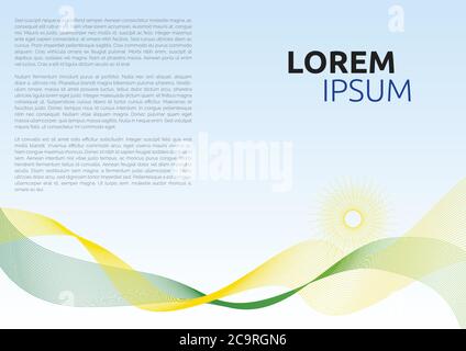 Simple brochure cover nature design. Waving lines representing hills and sun, blue sky above. Stock Vector