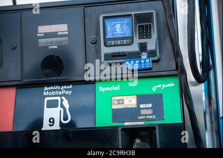 Dubai, United Arab Emirates. June 24th 2019.  Petrol pump payment point, gas station, Dubai, United Arab Emirates. Stock Photo