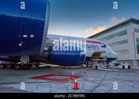 The Rolls Royce Trent 900 Jet Engines Of A British Airways Airbus A380 On The Ground At San Francisco International Airport, California, USA.