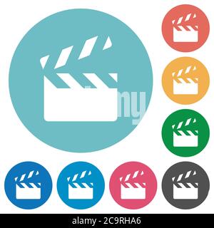 Clapperboard flat white icons on round color backgrounds Stock Vector