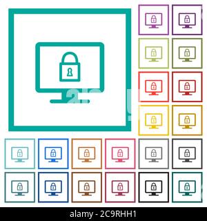 Lock screen flat color icons with quadrant frames on white background Stock Vector