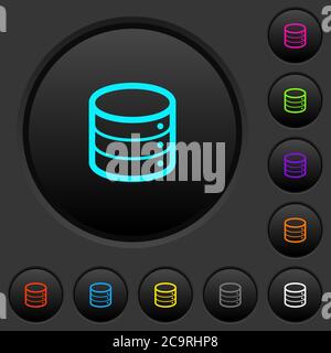 Single database dark push buttons with vivid color icons on dark grey background Stock Vector