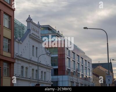 Czech republic, Prague, Karlin, November 27, 2017: view on office center Corso business buildings in karlin Prague from sokolovska street in twilight Stock Photo