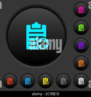 Add new note dark push buttons with vivid color icons on dark grey background Stock Vector