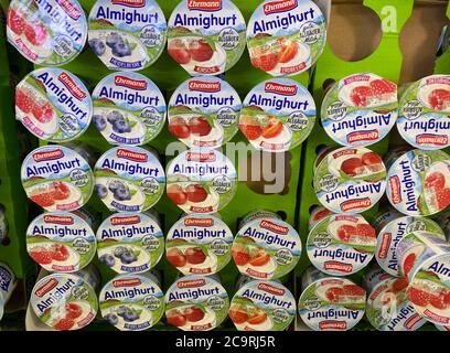 Viersen, Germany - July 9. 2020: Closeup of isolated Ehrmann Almighurt yoghurt cups in cooling shelf Stock Photo