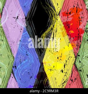 seamless geometric pattern background, retro/vintage style, with rhombus, stripes, strokes and splashes, grungy Stock Vector