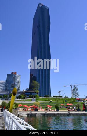 Vienna, Austria. View from the CopaBeach on the Danube Island onto the DC Tower (Danube City Towers) in Vienna Stock Photo