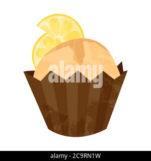 Single hand drawn cupcake or muffin with lemon. Vector cartoon illustration in flat design. Element for greeting cards, posters, stickers and seasonal Stock Vector