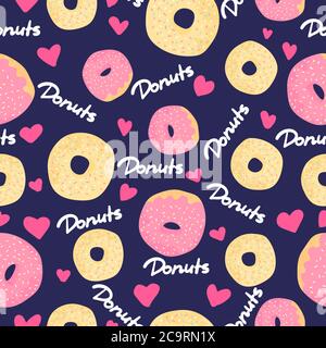 Donuts seamless pattern on dark blue background with pink hearts. Desserts vector background  in flat cartoons style. Colorful design for textile, wal Stock Vector