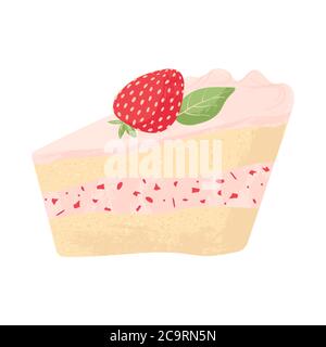 Piece of strawberry cake with whipped cream and strawberry birthday tasty bake. Vector flat cartoons illustration of tasty dessert. Sugar gourmet past Stock Vector