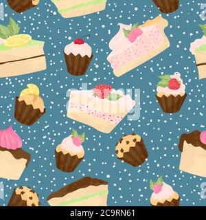 Vector pastry seamless pattern with cakes, profiterole, muffins, cupcakes and eclair with chocolate, fruits and berries. Hand drawn sweet bakery produ Stock Vector