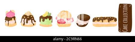 Cake vector chocolate confectionery cupcake and sweet confection dessert with whipped cream, berries and fruits. Vector illustration  set flat cartoon Stock Vector