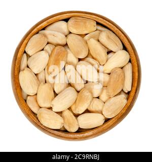 Blanched and roasted almonds in a wooden bowl. Whole seeds, skinned and roasted, ready to eat as snack or dessert. Prunus dulcis. Close-up, from above Stock Photo