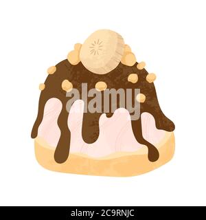 Chocolate dessert with whipped cream, banana fruits and caramel vector flat cartoons illustration. Tasty cake with chocolate. Isolated on white backgr Stock Vector