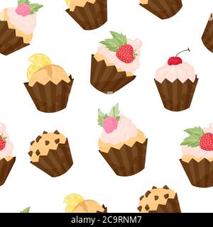 Various Cupcake and muffin vector seamless pattern in flat cartoons style. Happy birthday cupcake with fruits and berries background. Cute colorful de Stock Vector