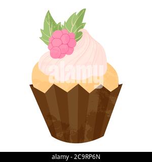Single hand drawn cupcake or muffin with raspberry and whipped cream. Vector cartoon illustration in flat design. Element for greeting cards, posters, Stock Vector