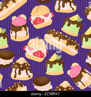 Various cake, eclair and profiterole vector seamless pattern in flat cartoons style.  Cute colorful dessert with chocolate, berries and fruits on blue Stock Vector