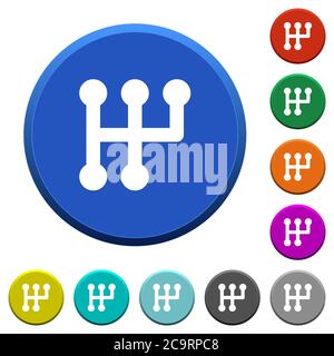 Manual shift round color beveled buttons with smooth surfaces and flat white icons Stock Vector