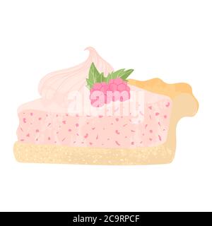 Piece of cheesecake with whipped cream and raspberry birthday tasty bake. Vector flat cartoons illustration of tasty dessert. Sugar gourmet pastry cak Stock Vector