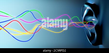 Human ear with incoming vibrations in different frequencies - 3d illustration Stock Photo
