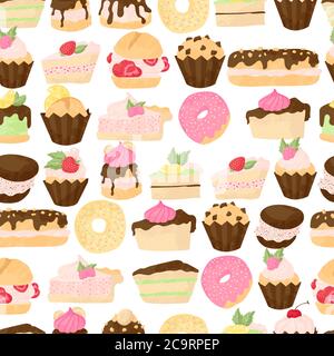 Vector pastry seamless pattern with cakes, pies, profiterole, muffins, cupcakes and eclair with chocolate, fruits and berries. Hand drawn sweet bakery Stock Vector