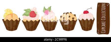 Set of different cupcakes with strawberries, cherry, chocolate and whipped cream. Cute desserts collection. Vector illustration flat cartoons design, Stock Vector