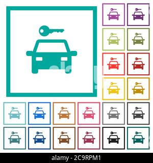Car rental flat color icons with quadrant frames on white background Stock Vector