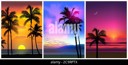 Summer tropical beach backgrounds set with palms, sky sunrise and sunset. Summer party placard poster flyer invitation card. Summertime. Stock Vector
