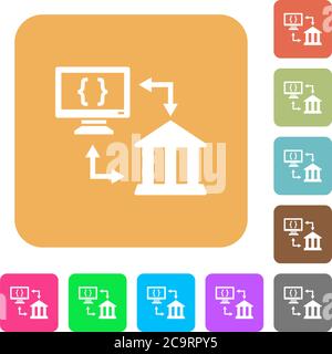 Open banking API flat icons on rounded square vivid color backgrounds. Stock Vector