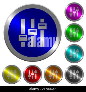 Adjust icons on round luminous coin-like color steel buttons Stock Vector