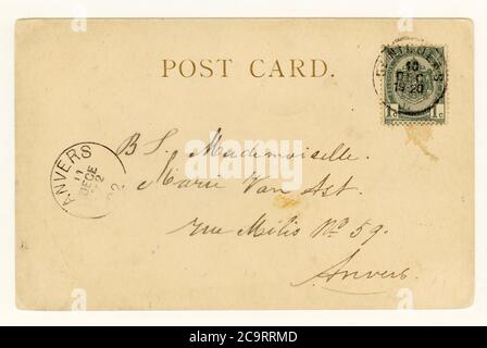 Reverse of early 1900's British postcard, posted 11 December 1902 to Anvers, Belgium, Belgian green 1c stamp. Stock Photo