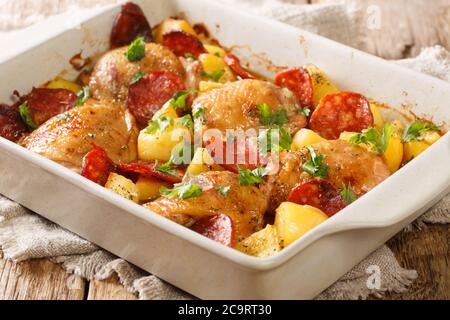 Traditional spanish food chicken with new potatoes and chorizo sausage close-up in a baking dish on the table. horizontal Stock Photo