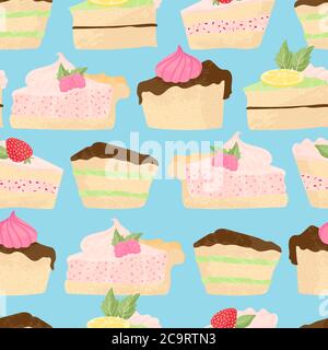 Various piece of cake and cheesecake vector seamless pattern in flat cartoons style. Happy birthday cake background with fruits and berries. Cute colo Stock Vector