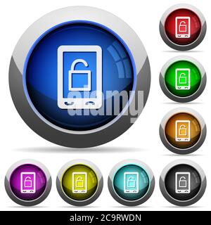 Smartphone unlock icons in round glossy buttons with steel frames Stock Vector