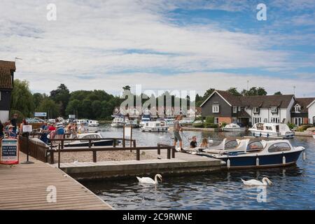 Wroxham Norfolk Broads, view along the River Bure in the centre of Wroxham in the heart of the Norfolk Broads, England, UK Stock Photo