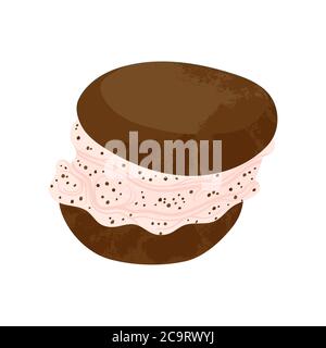 Chocolate dessert with whipped cream vector flat cartoons illustration. Tasty cake with chocolate. Isolated on white background. Stock image. Stock Vector