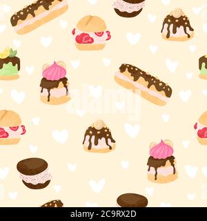 Various cake, eclair and profiterole vector seamless pattern in flat cartoons style.  Cute colorful dessert with chocolate, berries and fruits on beig Stock Vector