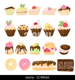 Cake vector chocolate confectionery cupcake and sweet confection dessert with whipped cream, berries and fruits. Vector illustration  set flat cartoon Stock Vector