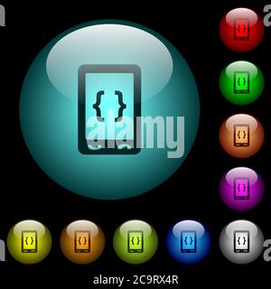 Mobile software development icons in color illuminated spherical glass buttons on black background. Can be used to black or dark templates Stock Vector
