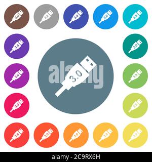 High speed USB flat white icons on round color backgrounds. 17 background color variations are included. Stock Vector