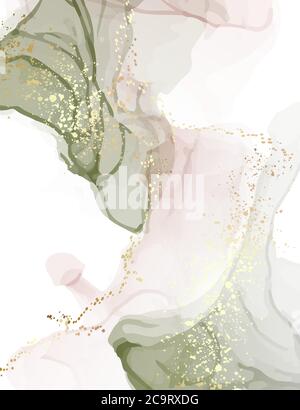 Neutral green watercolor rose gold glitter splatter desgn. Alcohol ink screensaver emerald  rose tender modern design. Watercolour tender gradient ink Stock Vector