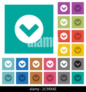 Chevron down multi colored flat icons on plain square backgrounds. Included white and darker icon variations for hover or active effects. Stock Vector