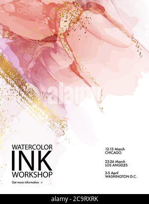 Pink marble paint  with gold abstract liquid texture poster. Fluid resin art design in vector. Gradient Background flyer, modern pattern, acrylic ink Stock Vector