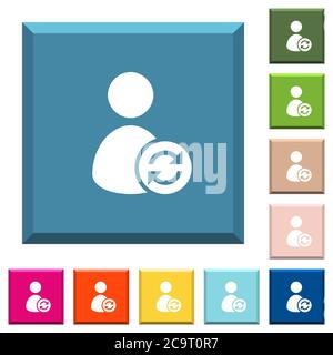 Refresh user account white icons on edged square buttons in various trendy colors Stock Vector