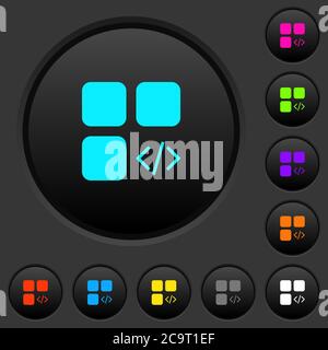 Component programming dark push buttons with vivid color icons on dark grey background Stock Vector