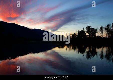 Kootenai River sunset, Kootenai River Boat Launch, Boundary County, Idaho Stock Photo