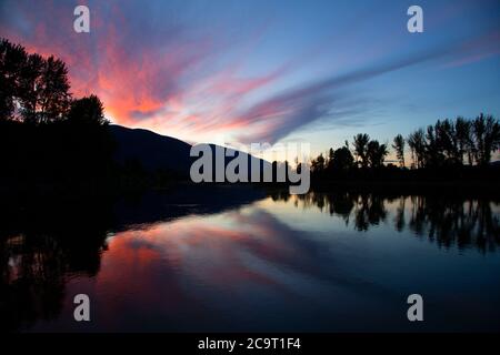 Kootenai River sunset, Kootenai River Boat Launch, Boundary County, Idaho Stock Photo